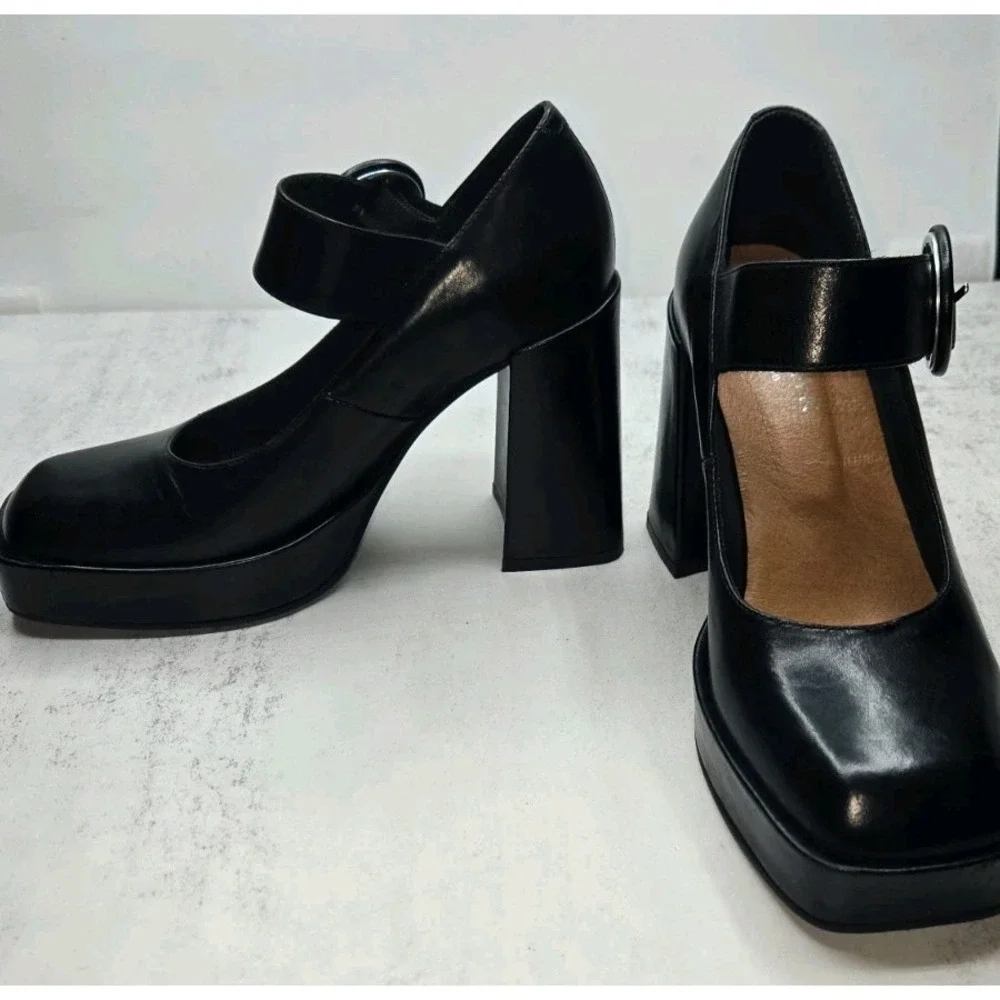 Jonak Paris Mary Jane Platform Pump 36 Black Leather Square Toe Dark Academia